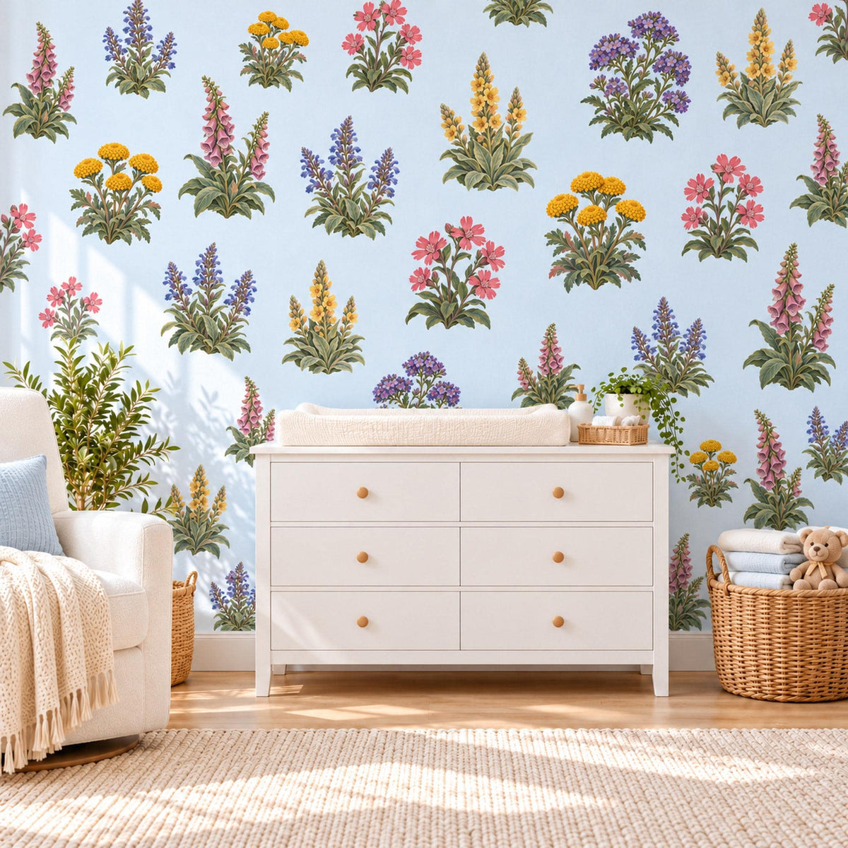 Wildflower Wall Stickers, Cottage Garden Nursery Decor, Lupin Foxglove Wall Decals, Girls Kids Room Purple Pink Peel and Stick Wall Art