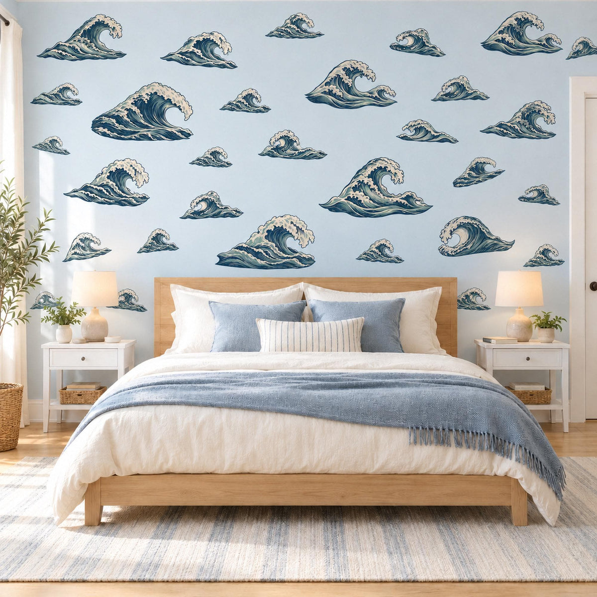 Wave Wall Stickers, Japanese Ocean Wave Decor, Coastal Woodcut Wall Decals, Navy Teal Surf Bedroom Living Room Peel and Stick Wall Art