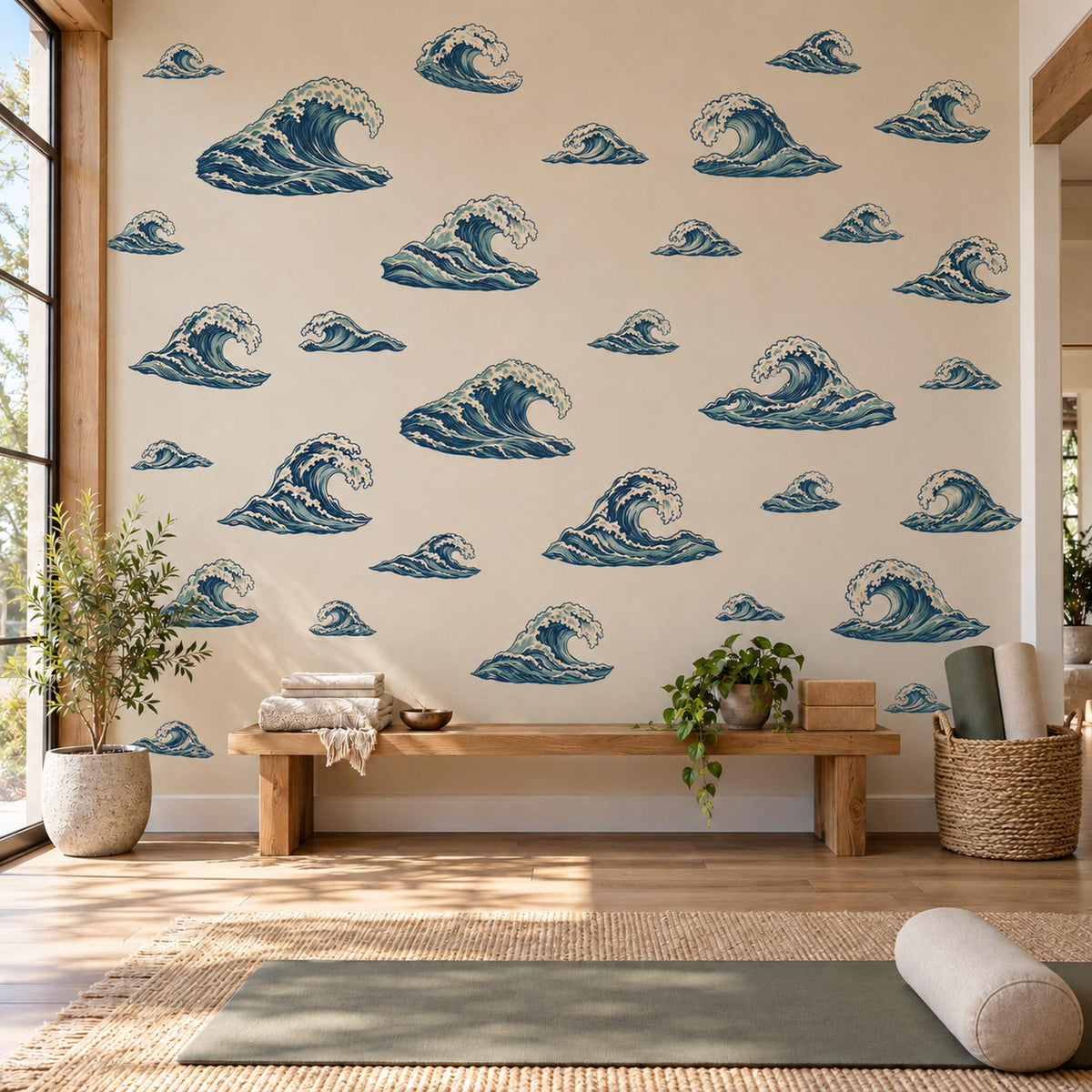 Wave Wall Stickers, Japanese Ocean Wave Decor, Coastal Woodcut Wall Decals, Navy Teal Surf Bedroom Living Room Peel and Stick Wall Art