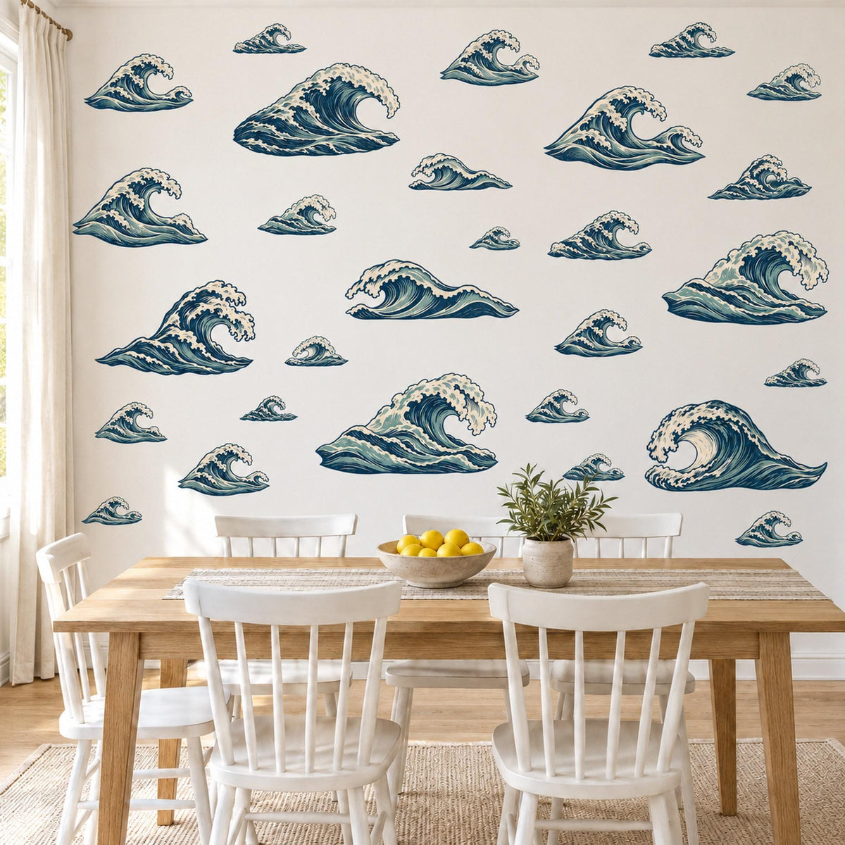 Wave Wall Stickers, Japanese Ocean Wave Decor, Coastal Woodcut Wall Decals, Navy Teal Surf Bedroom Living Room Peel and Stick Wall Art