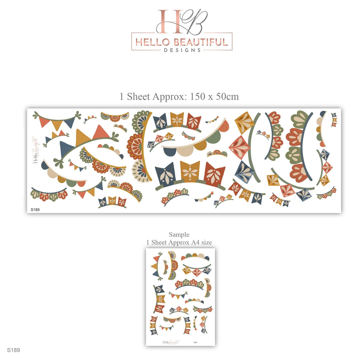Bunting Wall Stickers, Boho Garland Playroom Decor, Party Flag Wall Decals, Kids Room Terracotta Mustard Teal Peel and Stick Wall Art