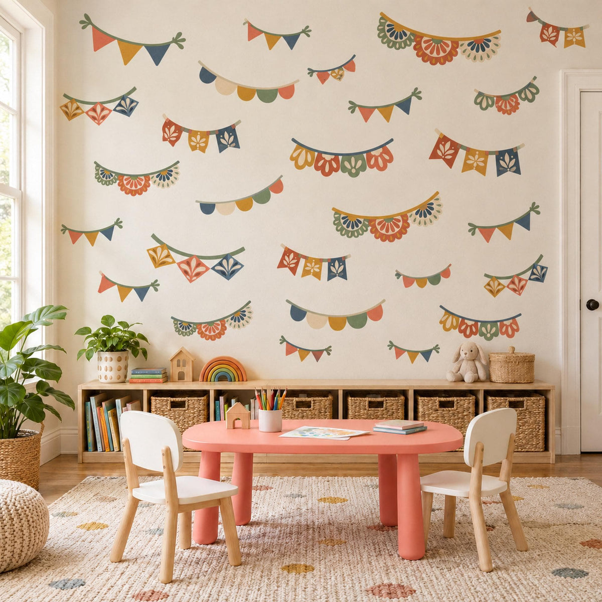 Bunting Wall Stickers, Boho Garland Playroom Decor, Party Flag Wall Decals, Kids Room Terracotta Mustard Teal Peel and Stick Wall Art
