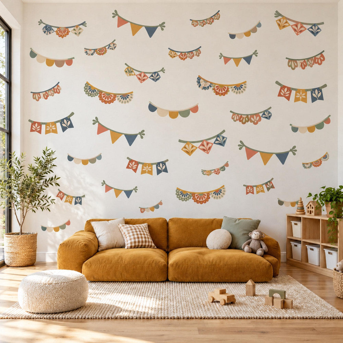Bunting Wall Stickers, Boho Garland Playroom Decor, Party Flag Wall Decals, Kids Room Terracotta Mustard Teal Peel and Stick Wall Art