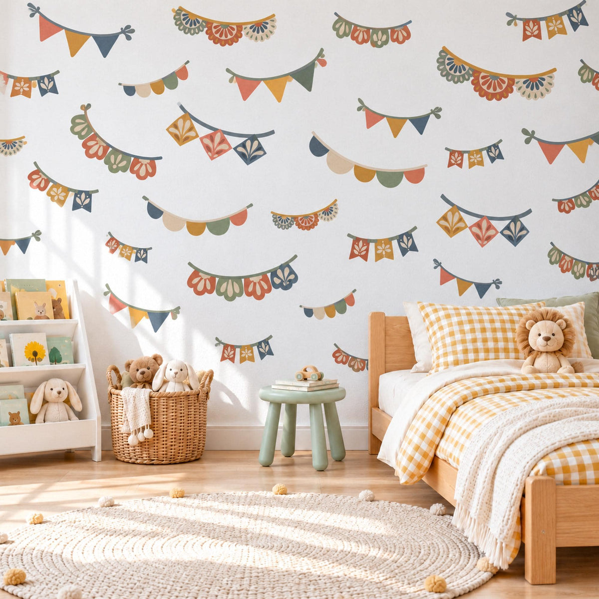 Bunting Wall Stickers, Boho Garland Playroom Decor, Party Flag Wall Decals, Kids Room Terracotta Mustard Teal Peel and Stick Wall Art