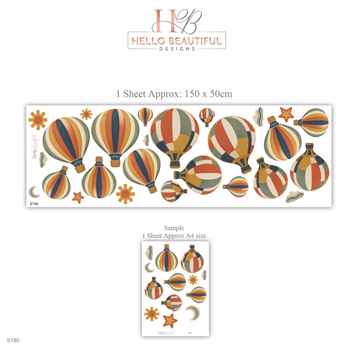 Hot Air Balloon Wall Stickers, Retro Boho Nursery Decor, Balloon Wall Decals, Kids Room Rust Mustard Sage Navy Peel and Stick Wall Art