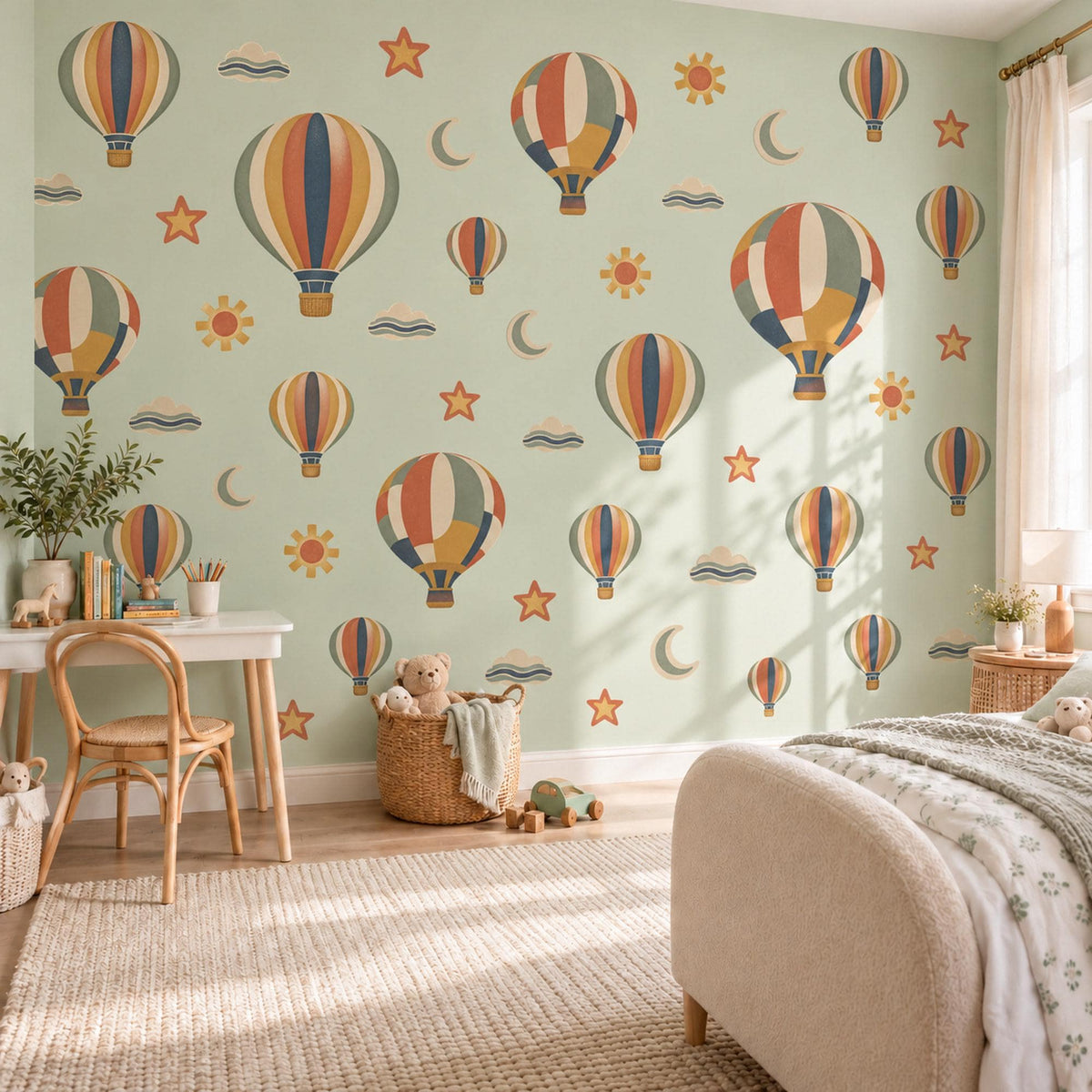 Hot Air Balloon Wall Stickers, Retro Boho Nursery Decor, Balloon Wall Decals, Kids Room Rust Mustard Sage Navy Peel and Stick Wall Art