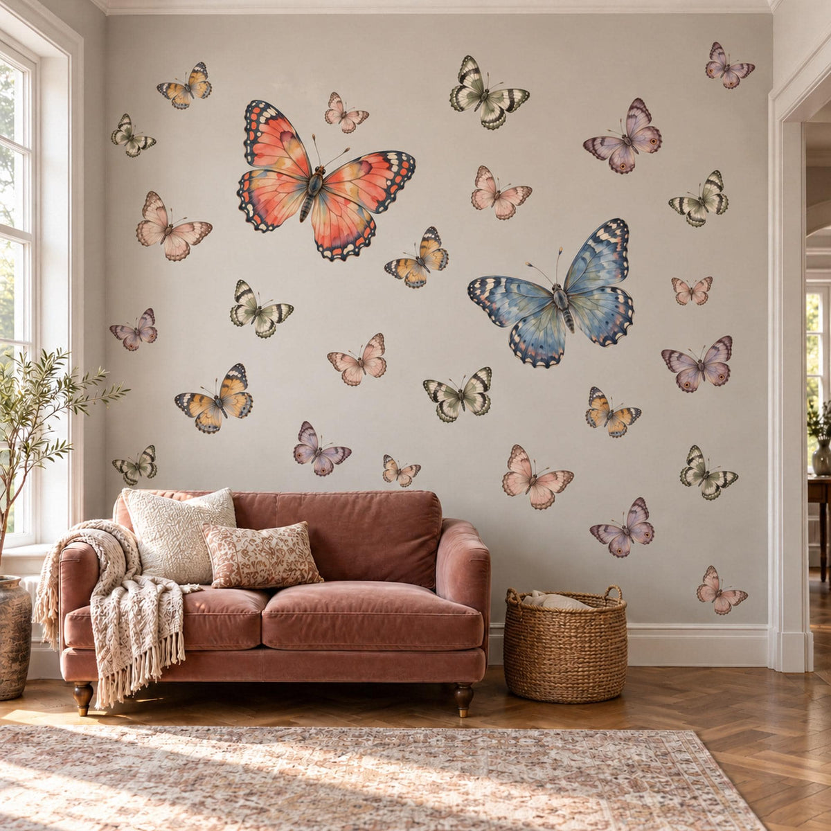 Butterfly Wall Stickers, Vintage Butterfly Nursery Decor, Butterfly Wall Decals, Girls Bedroom Coral Blue Blush Peel and Stick Wall Art