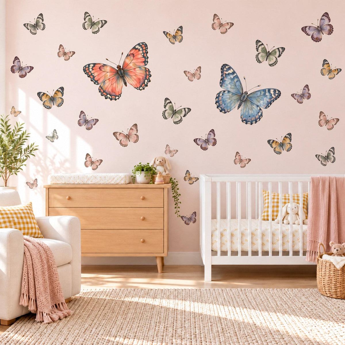 Butterfly Wall Stickers, Vintage Butterfly Nursery Decor, Butterfly Wall Decals, Girls Bedroom Coral Blue Blush Peel and Stick Wall Art