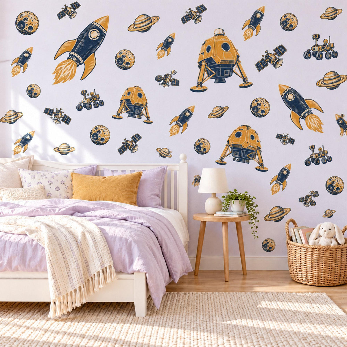 Space Wall Stickers, Rocket Ship Boys Room Decor, Outer Space Wall Decals, Kids Bedroom Navy Mustard Planet Peel and Stick Wall Art