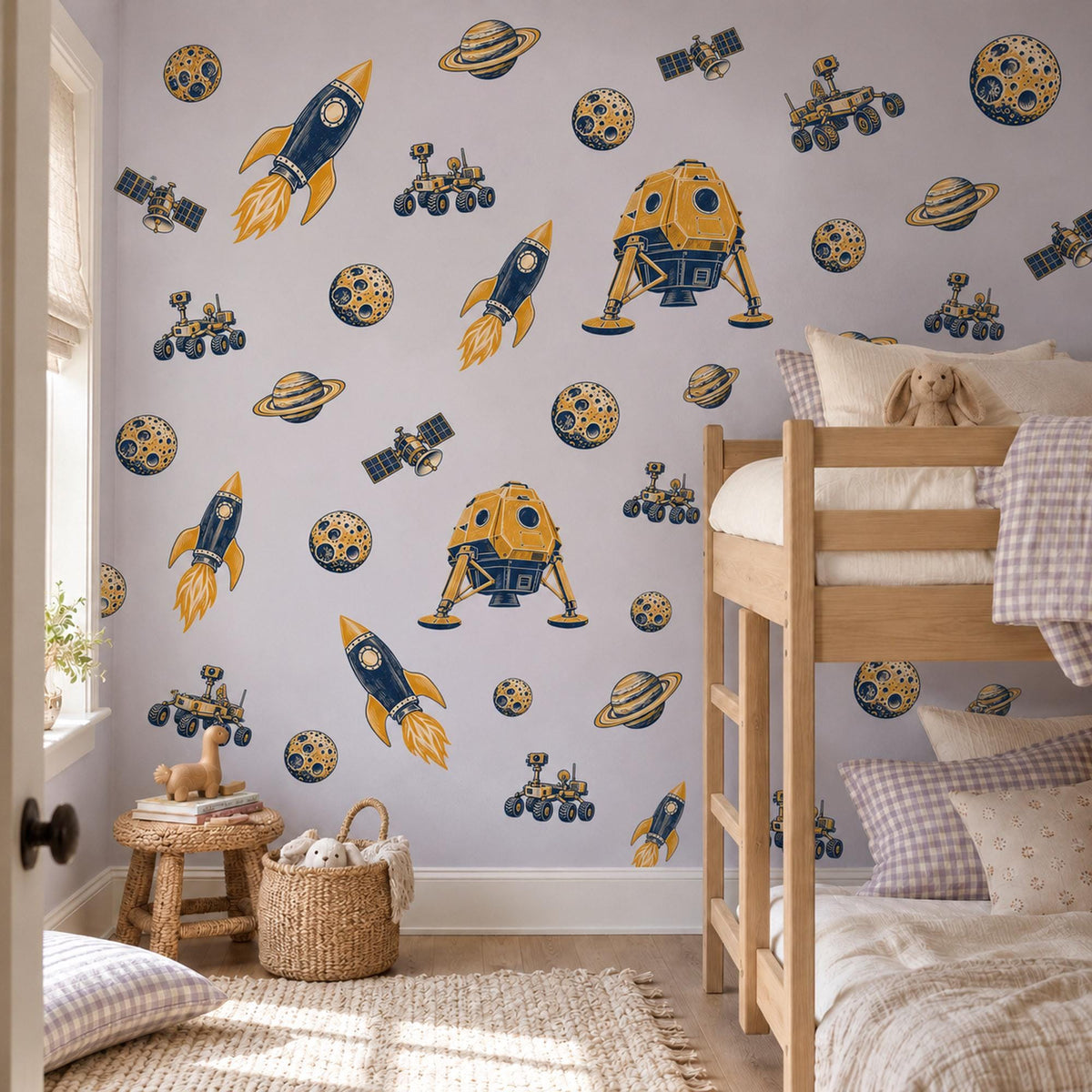 Space Wall Stickers, Rocket Ship Boys Room Decor, Outer Space Wall Decals, Kids Bedroom Navy Mustard Planet Peel and Stick Wall Art