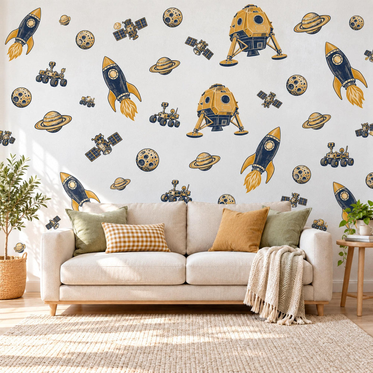 Space Wall Stickers, Rocket Ship Boys Room Decor, Outer Space Wall Decals, Kids Bedroom Navy Mustard Planet Peel and Stick Wall Art