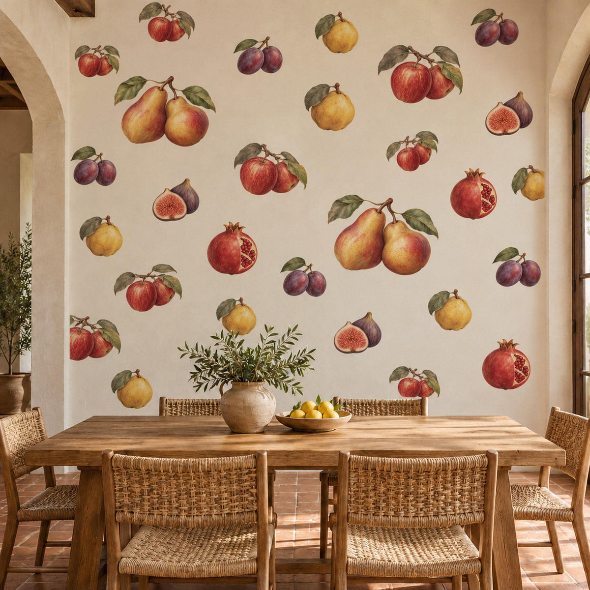 Fruit Wall Stickers, Vintage Kitchen Decor, Apple Pear Fig Wall Decals, Dining Room Botanical Fruit Red Gold Plum Peel and Stick Wall Art
