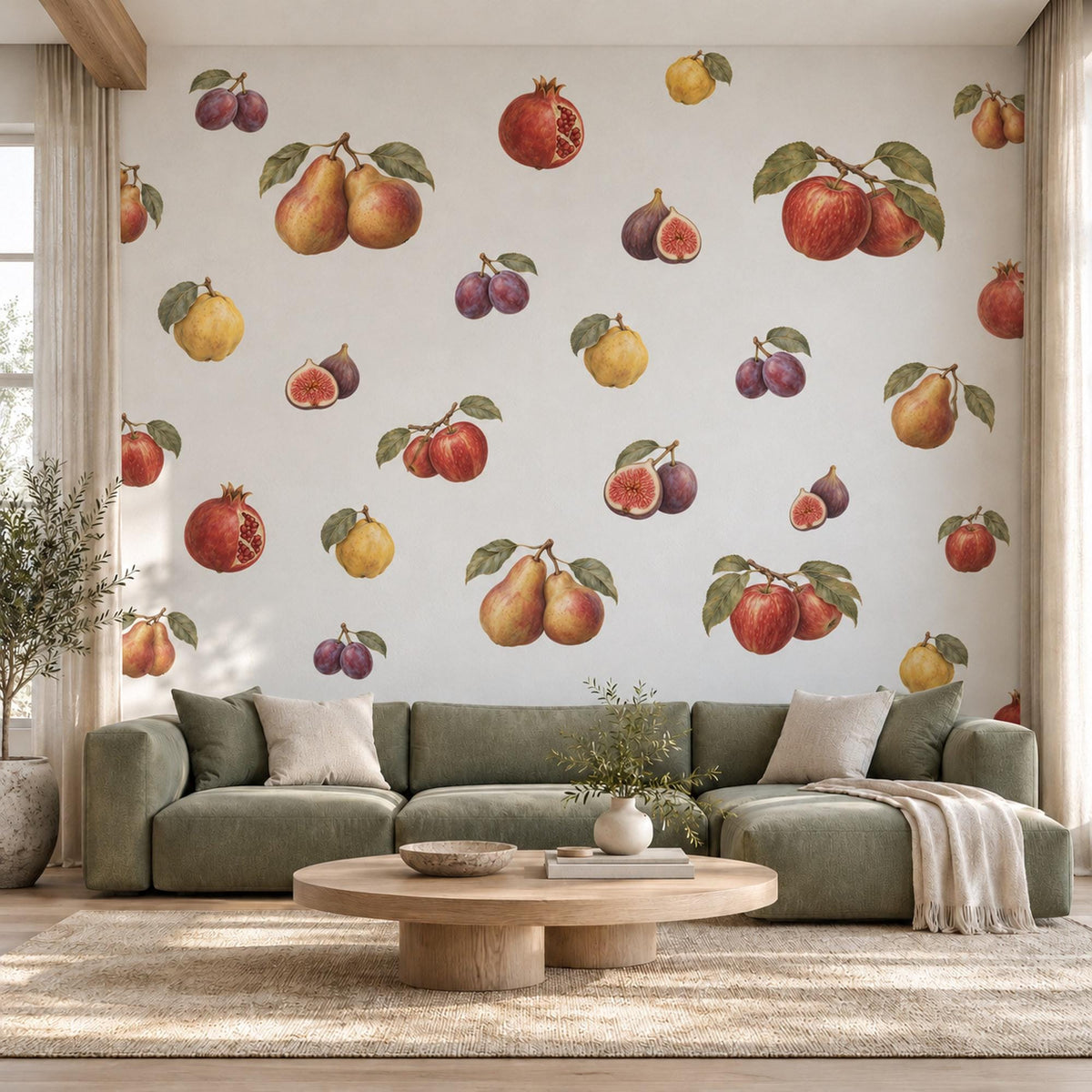 Fruit Wall Stickers, Vintage Kitchen Decor, Apple Pear Fig Wall Decals, Dining Room Botanical Fruit Red Gold Plum Peel and Stick Wall Art