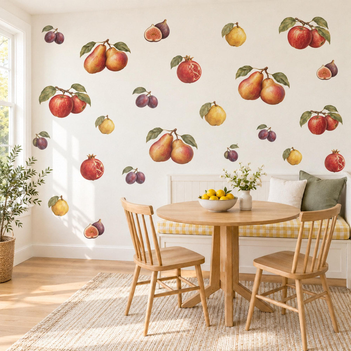 Fruit Wall Stickers, Vintage Kitchen Decor, Apple Pear Fig Wall Decals, Dining Room Botanical Fruit Red Gold Plum Peel and Stick Wall Art
