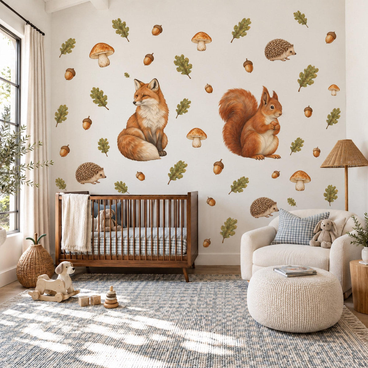 Woodland Animal Wall Stickers, Fox Squirrel Nursery Decor, Forest Animal Wall Decals, Kids Room Rust Orange Acorn Peel and Stick Wall Art