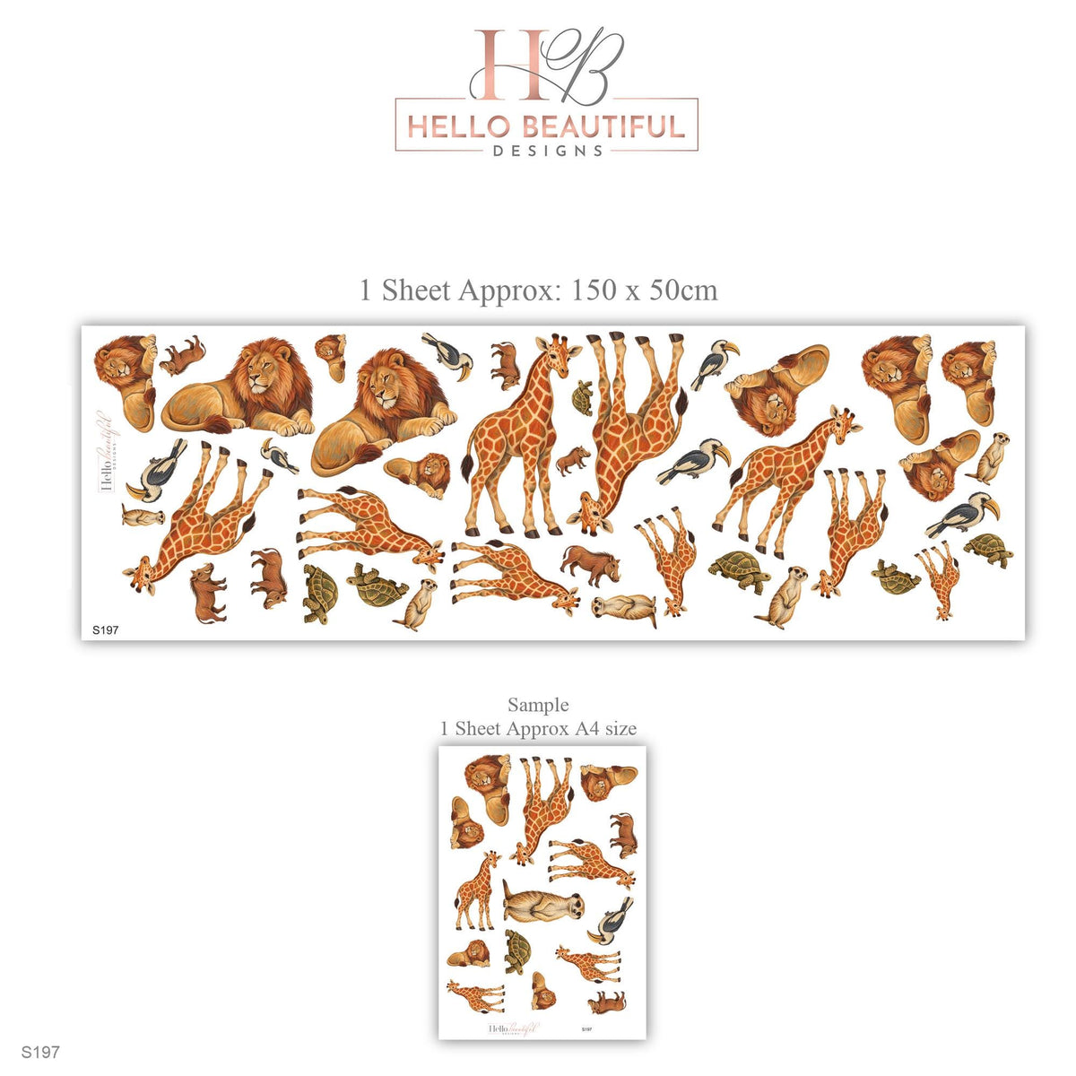Safari Animal Wall Stickers, Lion Giraffe Nursery Decor, Jungle Animal Wall Decals, Kids Room Ochre Rust Neutral Peel and Stick Wall Art