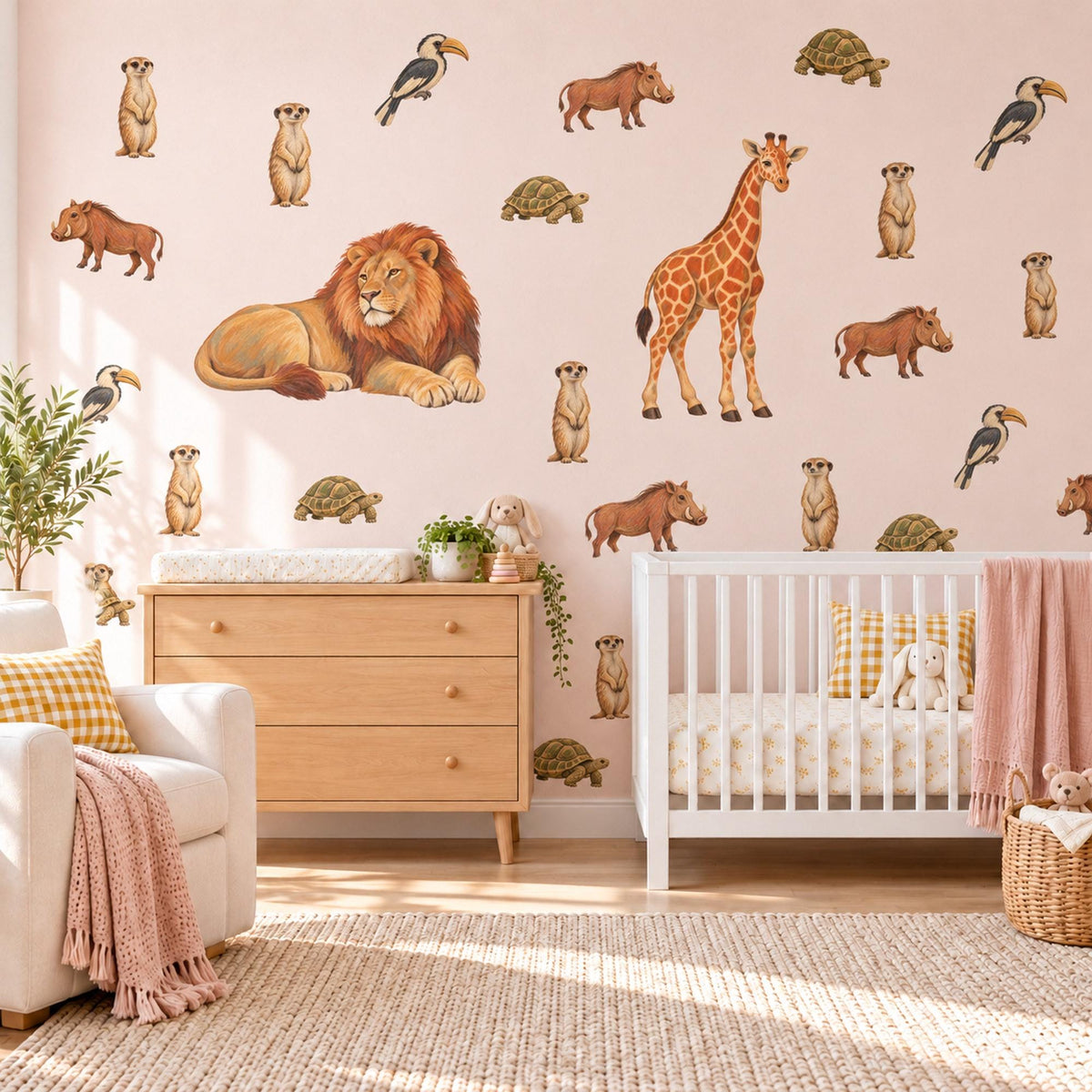 Safari Animal Wall Stickers, Lion Giraffe Nursery Decor, Jungle Animal Wall Decals, Kids Room Ochre Rust Neutral Peel and Stick Wall Art