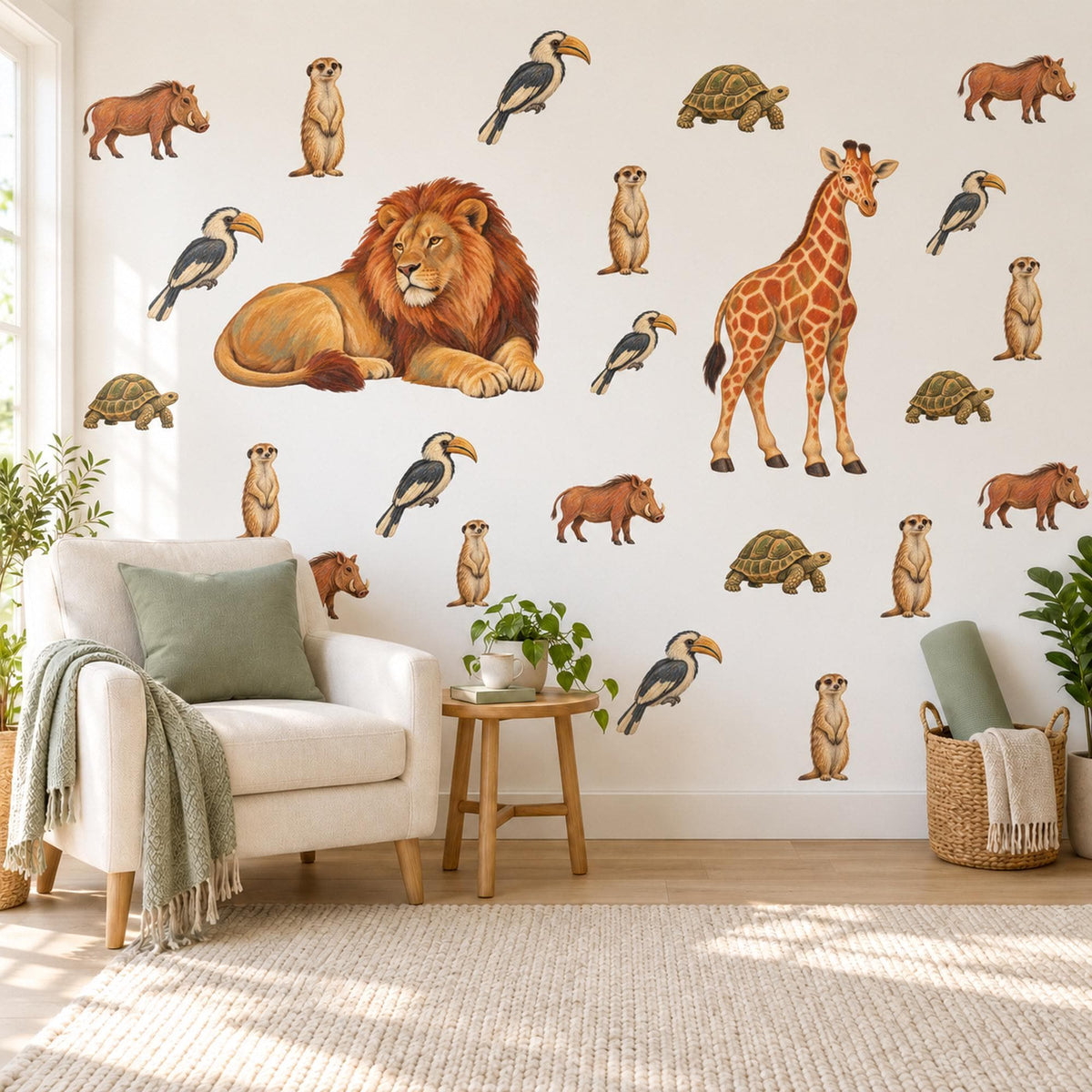 Safari Animal Wall Stickers, Lion Giraffe Nursery Decor, Jungle Animal Wall Decals, Kids Room Ochre Rust Neutral Peel and Stick Wall Art