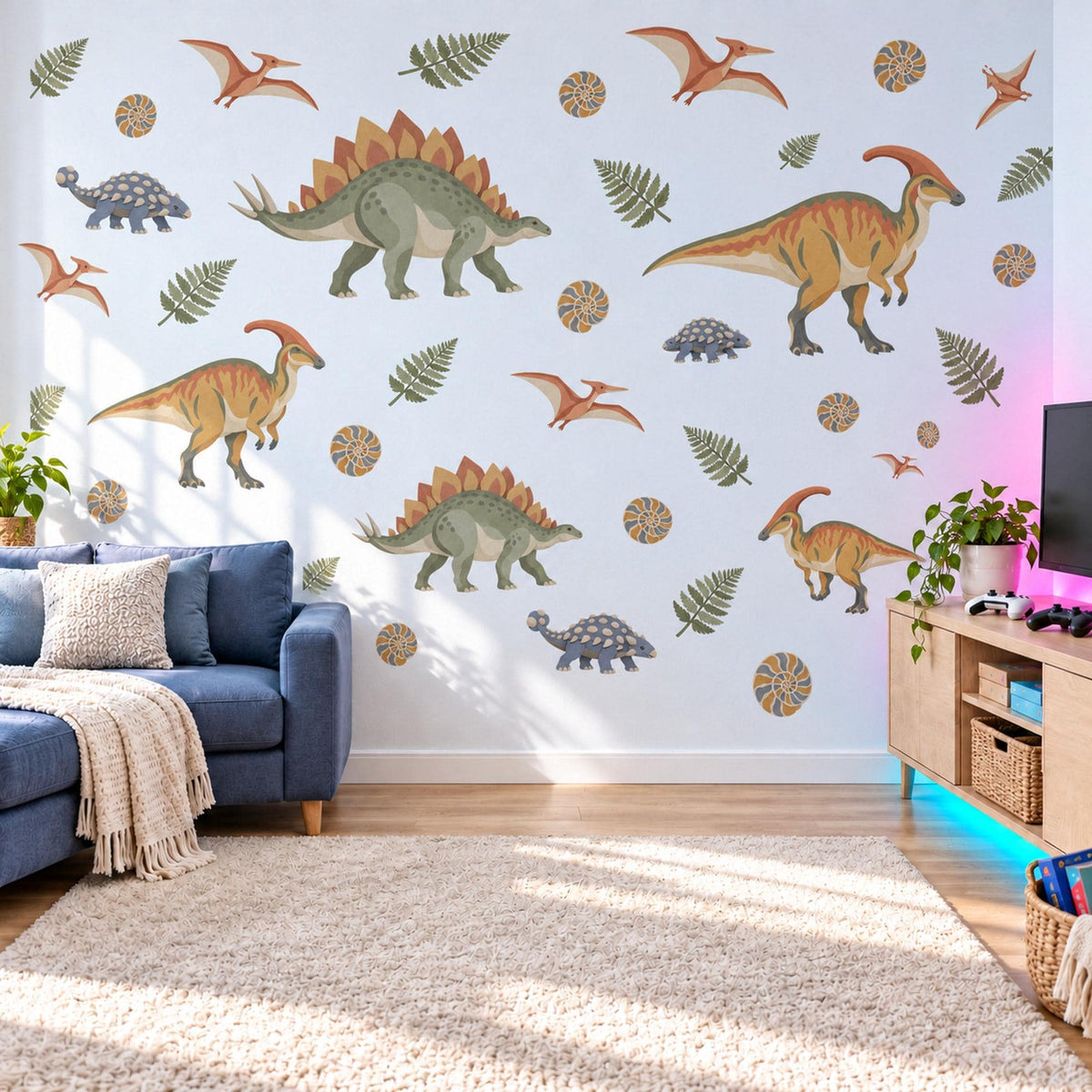 Dinosaur Wall Stickers, Vintage Dino Boys Room Decor, Stegosaurus Wall Decals, Kids Bedroom Olive Ochre Rust Fern Peel and Stick Wall Art