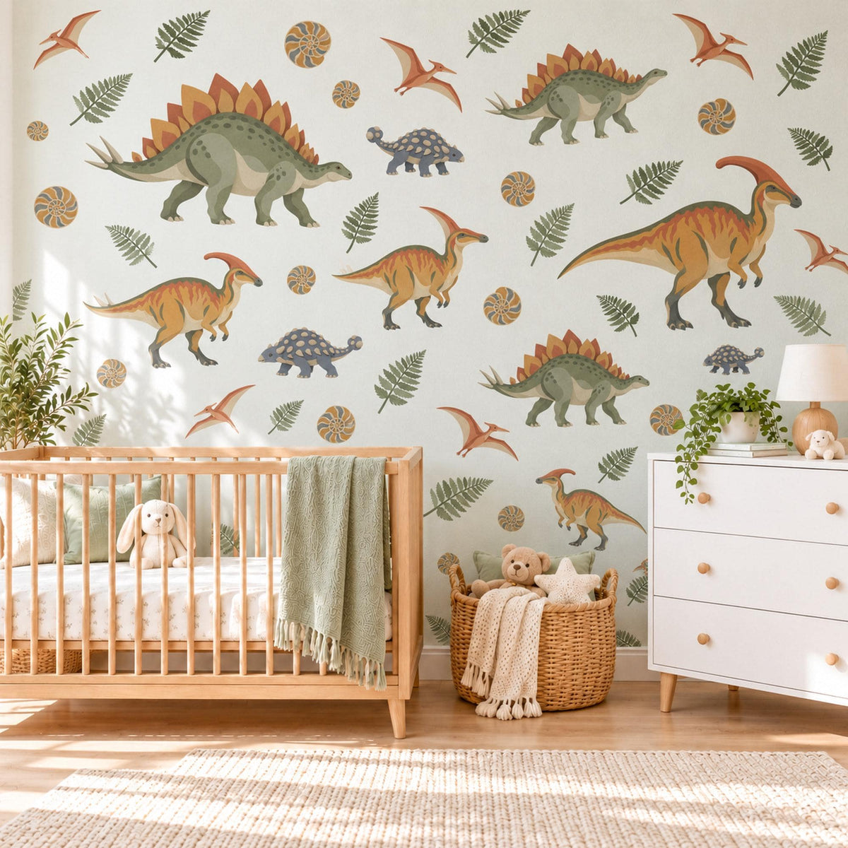 Dinosaur Wall Stickers, Vintage Dino Boys Room Decor, Stegosaurus Wall Decals, Kids Bedroom Olive Ochre Rust Fern Peel and Stick Wall Art