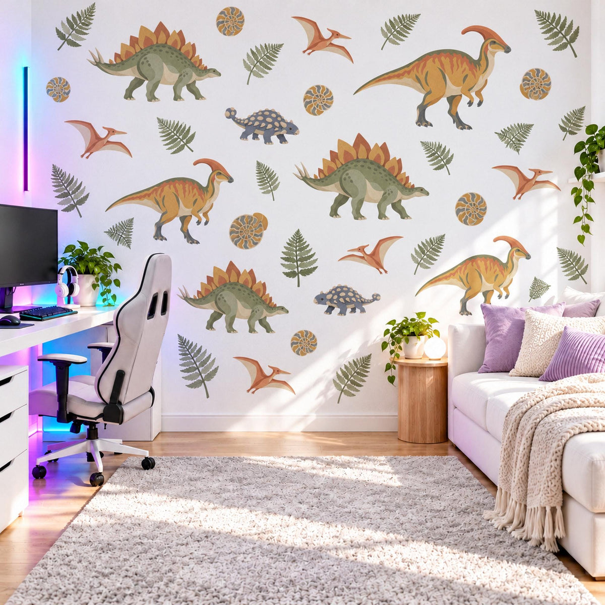 Dinosaur Wall Stickers, Vintage Dino Boys Room Decor, Stegosaurus Wall Decals, Kids Bedroom Olive Ochre Rust Fern Peel and Stick Wall Art