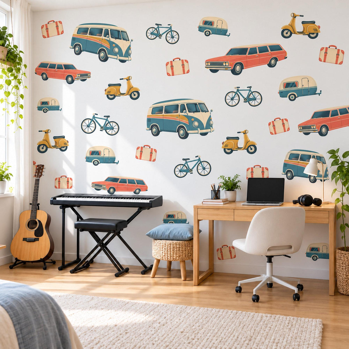 Camper Van Wall Stickers, Retro Car Boys Room Decor, Vintage Road Trip Wall Decals, Kids Bedroom Teal Coral Mustard Peel and Stick Wall Art