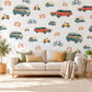 Camper Van Wall Stickers, Retro Car Boys Room Decor, Vintage Road Trip Wall Decals, Kids Bedroom Teal Coral Mustard Peel and Stick Wall Art