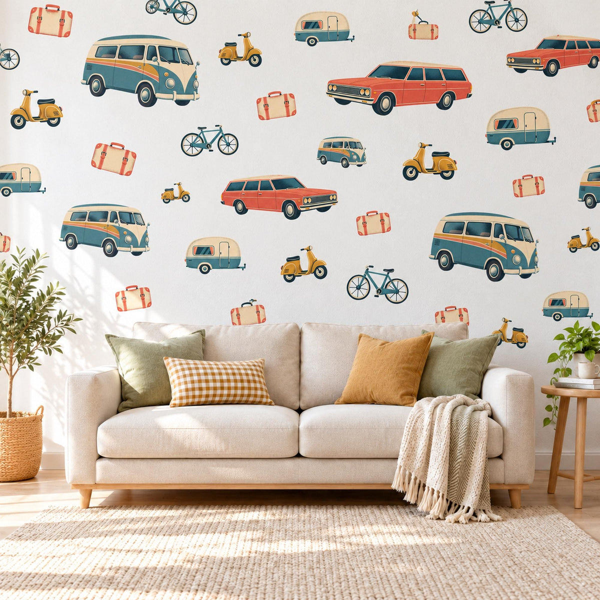 Camper Van Wall Stickers, Retro Car Boys Room Decor, Vintage Road Trip Wall Decals, Kids Bedroom Teal Coral Mustard Peel and Stick Wall Art