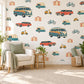 Camper Van Wall Stickers, Retro Car Boys Room Decor, Vintage Road Trip Wall Decals, Kids Bedroom Teal Coral Mustard Peel and Stick Wall Art
