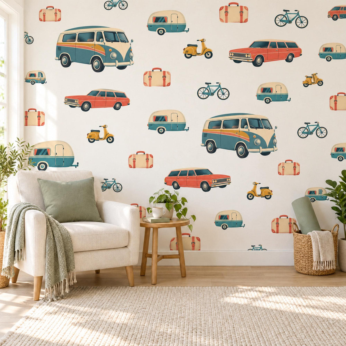 Camper Van Wall Stickers, Retro Car Boys Room Decor, Vintage Road Trip Wall Decals, Kids Bedroom Teal Coral Mustard Peel and Stick Wall Art