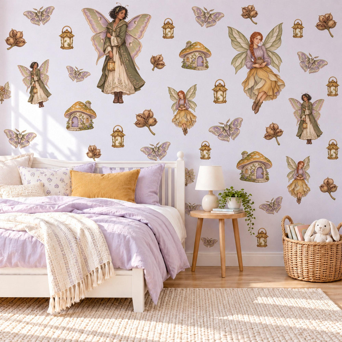 Fairy Wall Stickers, Woodland Fairy Nursery Decor, Fairy House Wall Decals, Girls Bedroom Sage Gold Lilac Whimsical Peel and Stick Wall Art