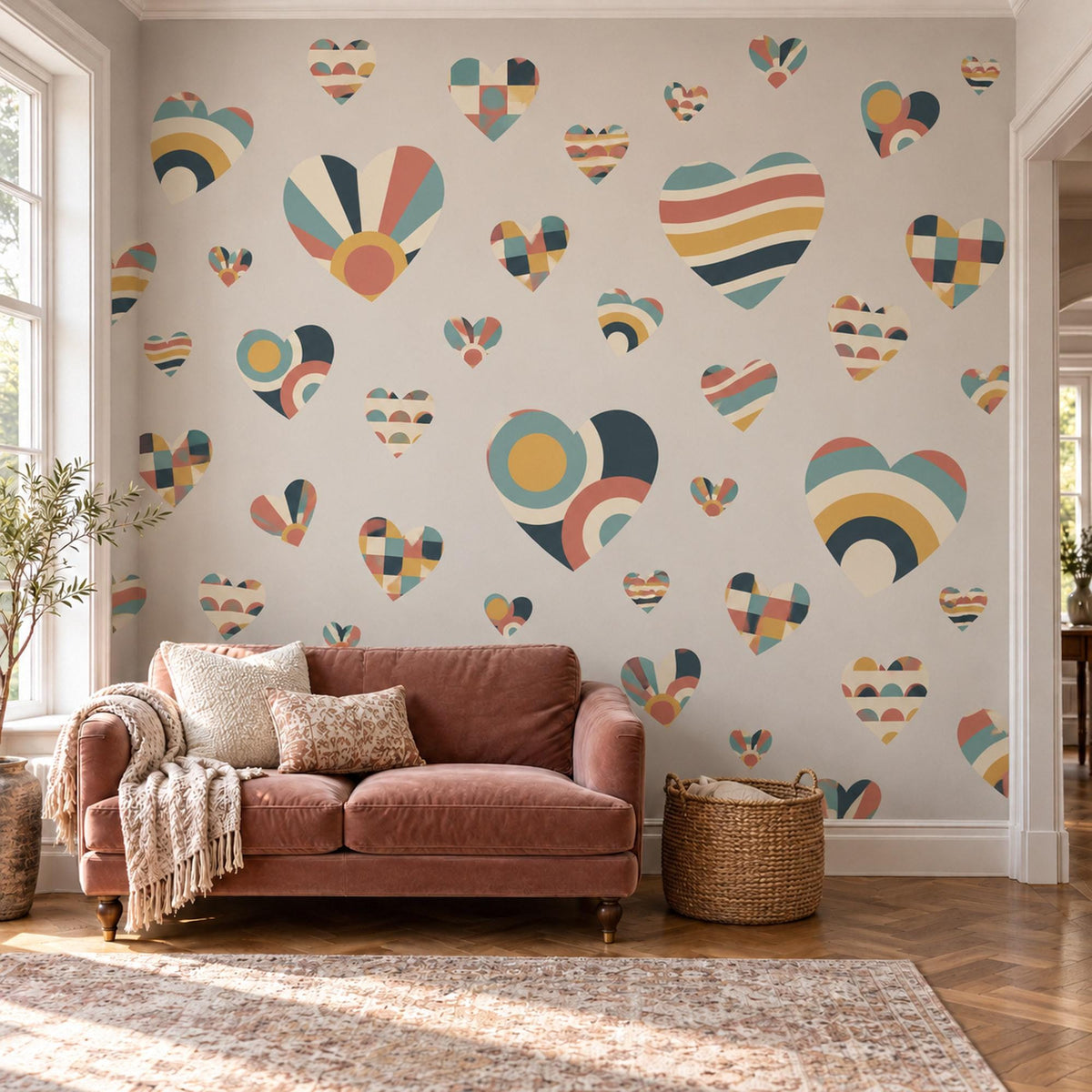 Heart Wall Stickers, Retro Geometric Heart Decor, Boho Heart Wall Decals, Kids Teen Room Teal Mustard Coral Navy Peel and Stick Wall Art