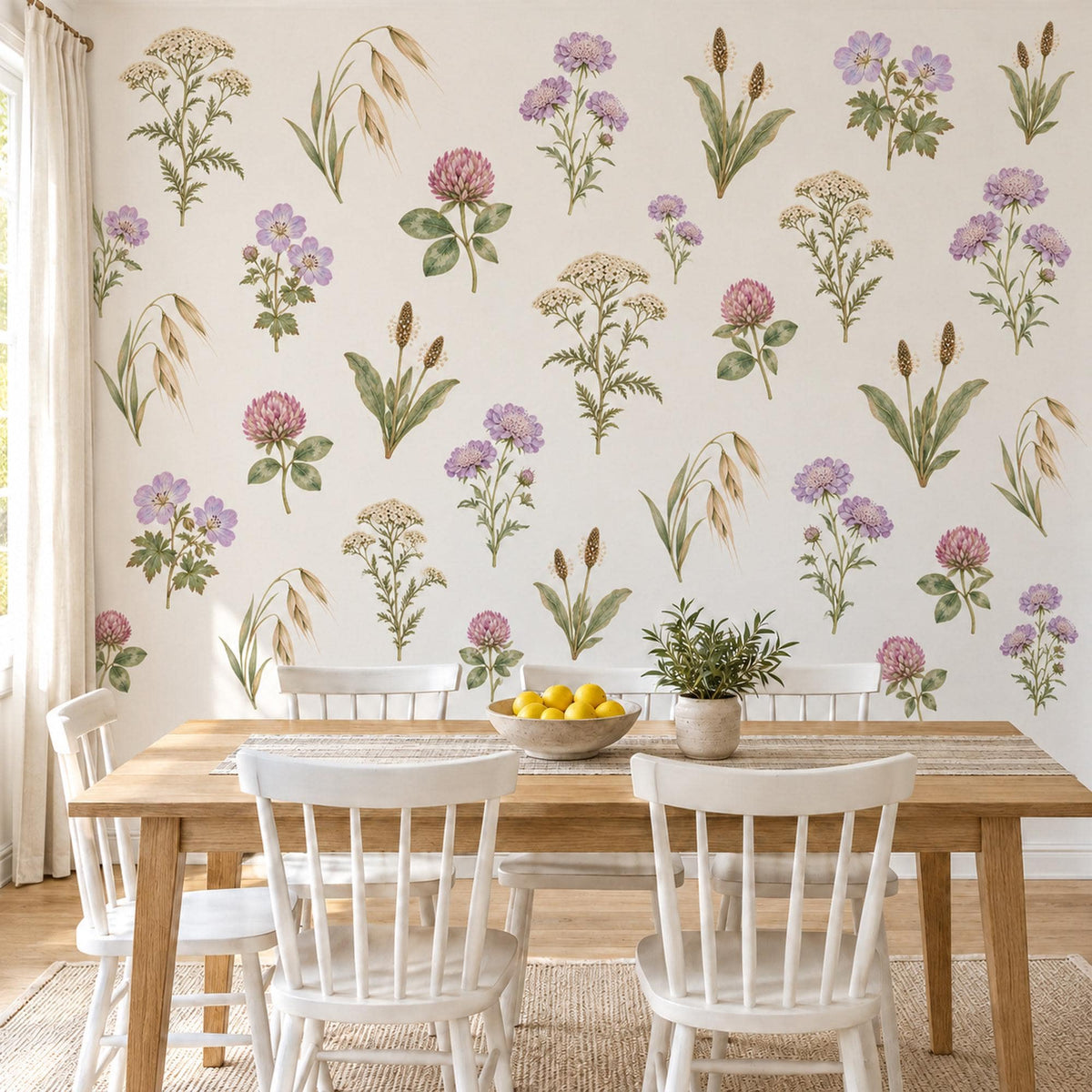 Wildflower Wall Stickers, Meadow Flower Nursery Decor, Botanical Wall Decals, Girls Room Lilac Sage Pink Cottage Peel and Stick Wall Art