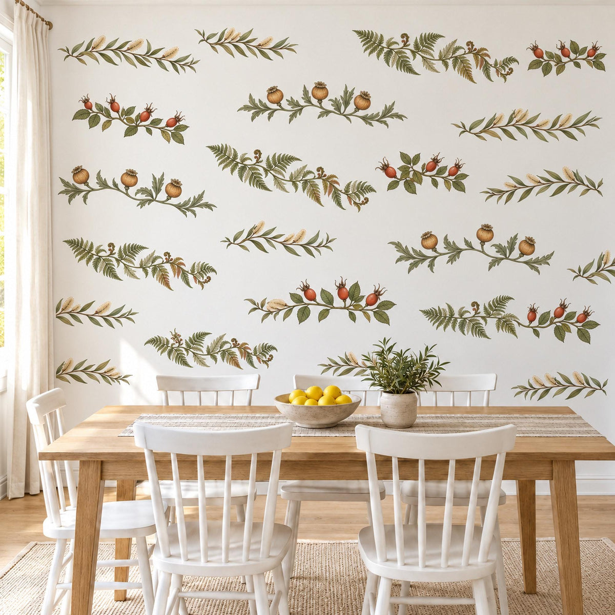 Botanical Vine Wall Stickers, Leafy Garland Decor, Berry Branch Wall Decals, Living Room Kitchen Sage Green Red Peel and Stick Wall Art