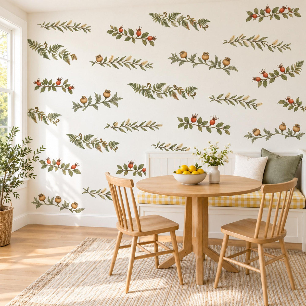 Botanical Vine Wall Stickers, Leafy Garland Decor, Berry Branch Wall Decals, Living Room Kitchen Sage Green Red Peel and Stick Wall Art
