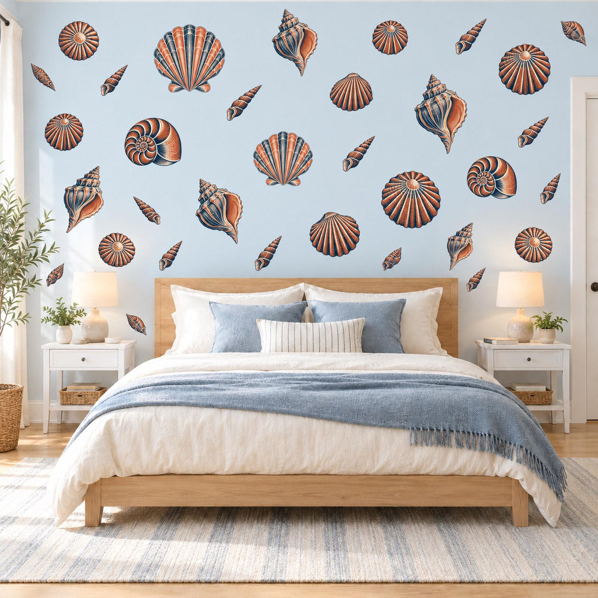 Seashell Wall Stickers, Coastal Shell Decor, Beach Nursery Wall Decals, Bedroom Bathroom Coral Navy Nautical Peel and Stick Wall Art