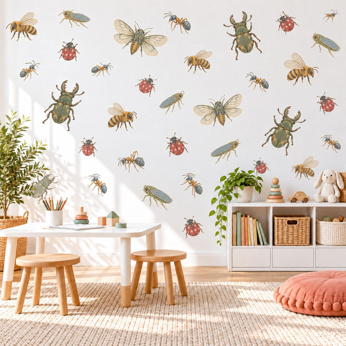 Bug Wall Stickers, Vintage Beetle Insect Decor, Bee Ladybird Wall Decals, Boys Kids Room Olive Green Gold Nature Peel and Stick Wall Art