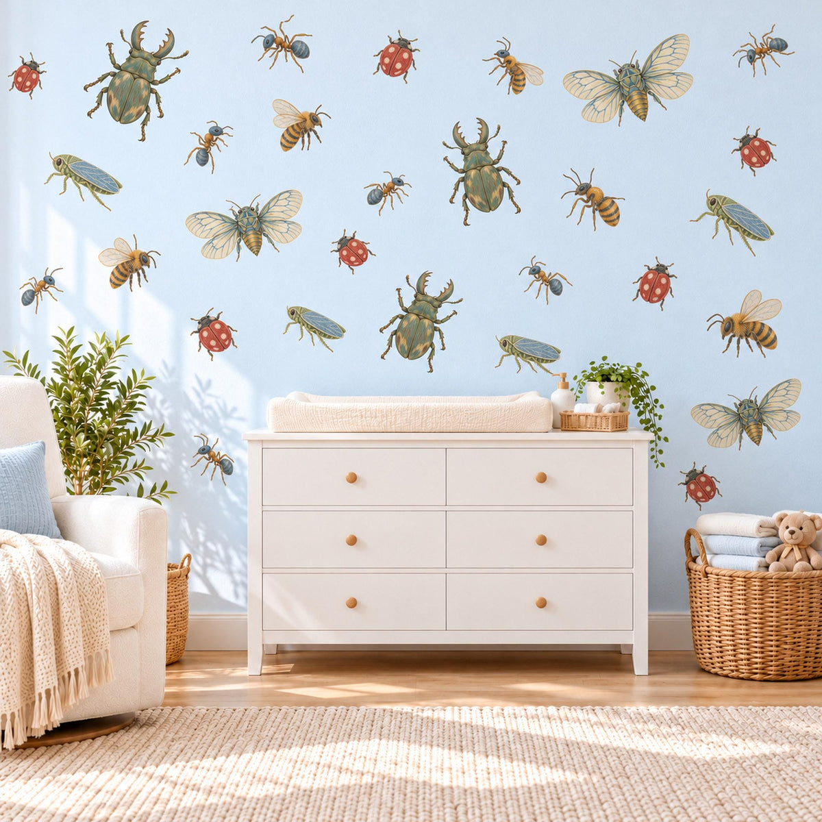 Bug Wall Stickers, Vintage Beetle Insect Decor, Bee Ladybird Wall Decals, Boys Kids Room Olive Green Gold Nature Peel and Stick Wall Art