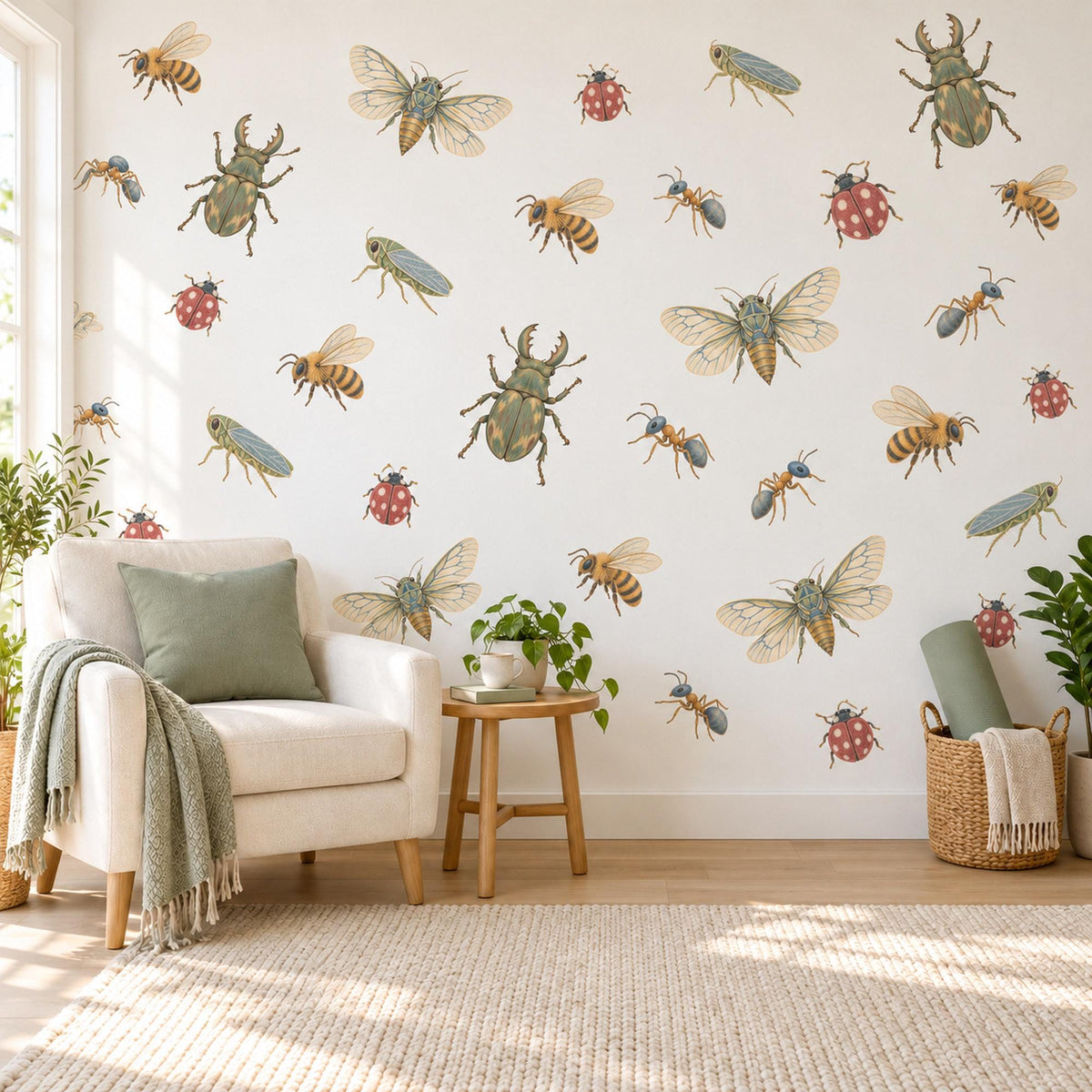 Bug Wall Stickers, Vintage Beetle Insect Decor, Bee Ladybird Wall Decals, Boys Kids Room Olive Green Gold Nature Peel and Stick Wall Art