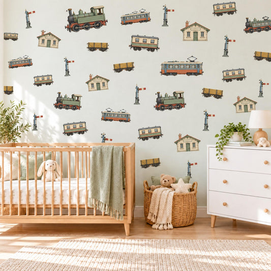 Train Wall Stickers, Steam Train Boys Room Decor, Vintage Railway Wall Decals, Kids Bedroom Green Rust Locomotive Peel and Stick Wall Art