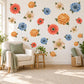 Flower Wall Stickers, Bold Retro Floral Decor, Gerbera Dahlia Wall Decals, Girls Kids Room Coral Orange Blue Bloom Peel and Stick Wall Art