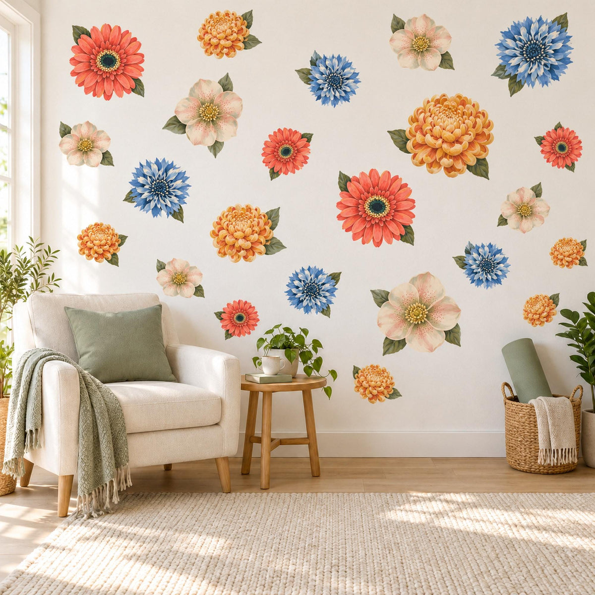 Flower Wall Stickers, Bold Retro Floral Decor, Gerbera Dahlia Wall Decals, Girls Kids Room Coral Orange Blue Bloom Peel and Stick Wall Art