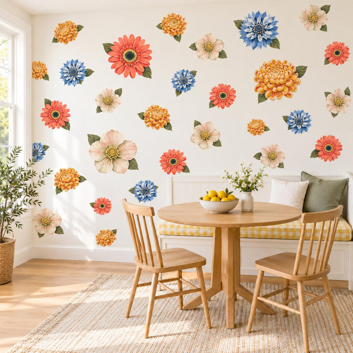 Flower Wall Stickers, Bold Retro Floral Decor, Gerbera Dahlia Wall Decals, Girls Kids Room Coral Orange Blue Bloom Peel and Stick Wall Art