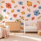 Flower Wall Stickers, Bold Retro Floral Decor, Gerbera Dahlia Wall Decals, Girls Kids Room Coral Orange Blue Bloom Peel and Stick Wall Art