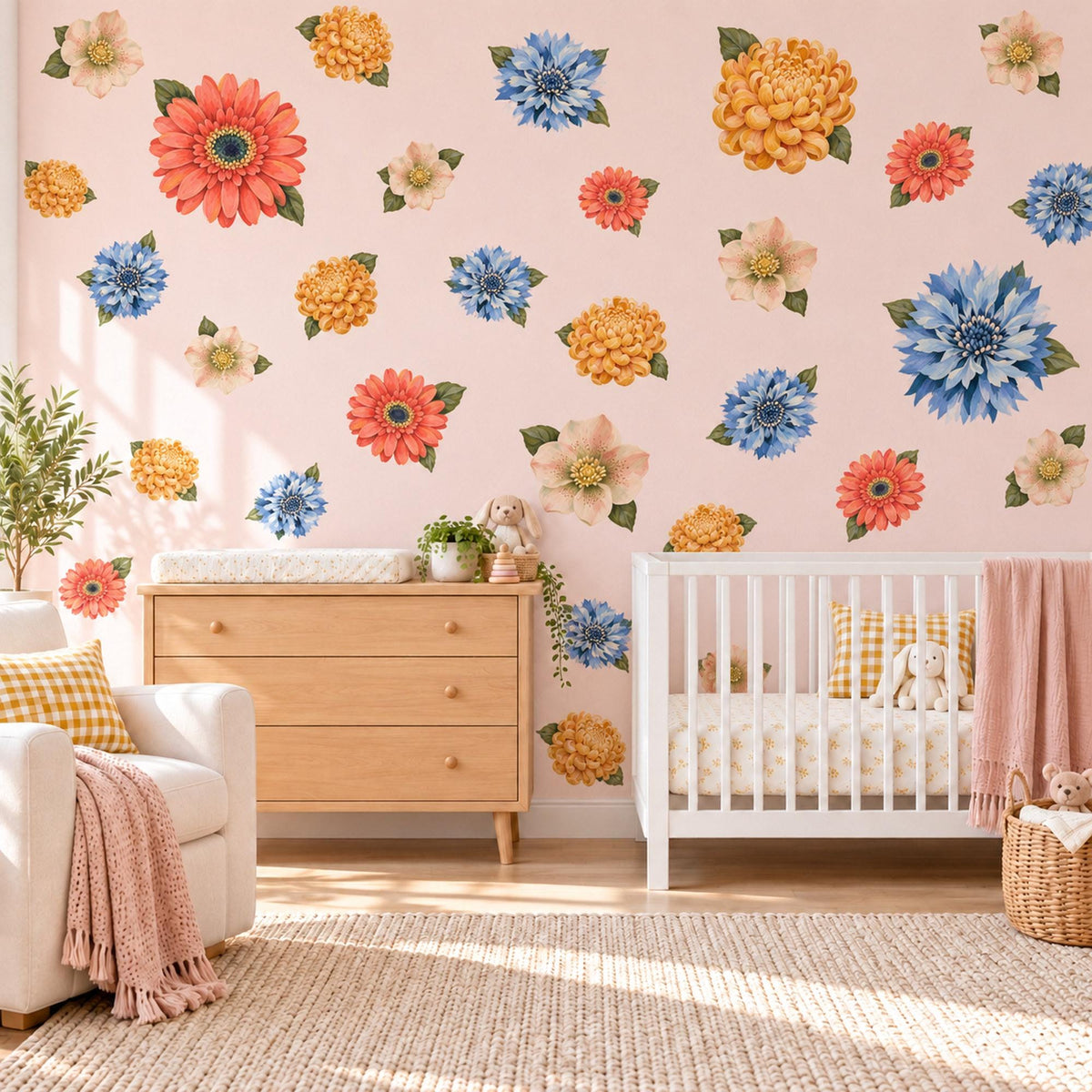 Flower Wall Stickers, Bold Retro Floral Decor, Gerbera Dahlia Wall Decals, Girls Kids Room Coral Orange Blue Bloom Peel and Stick Wall Art