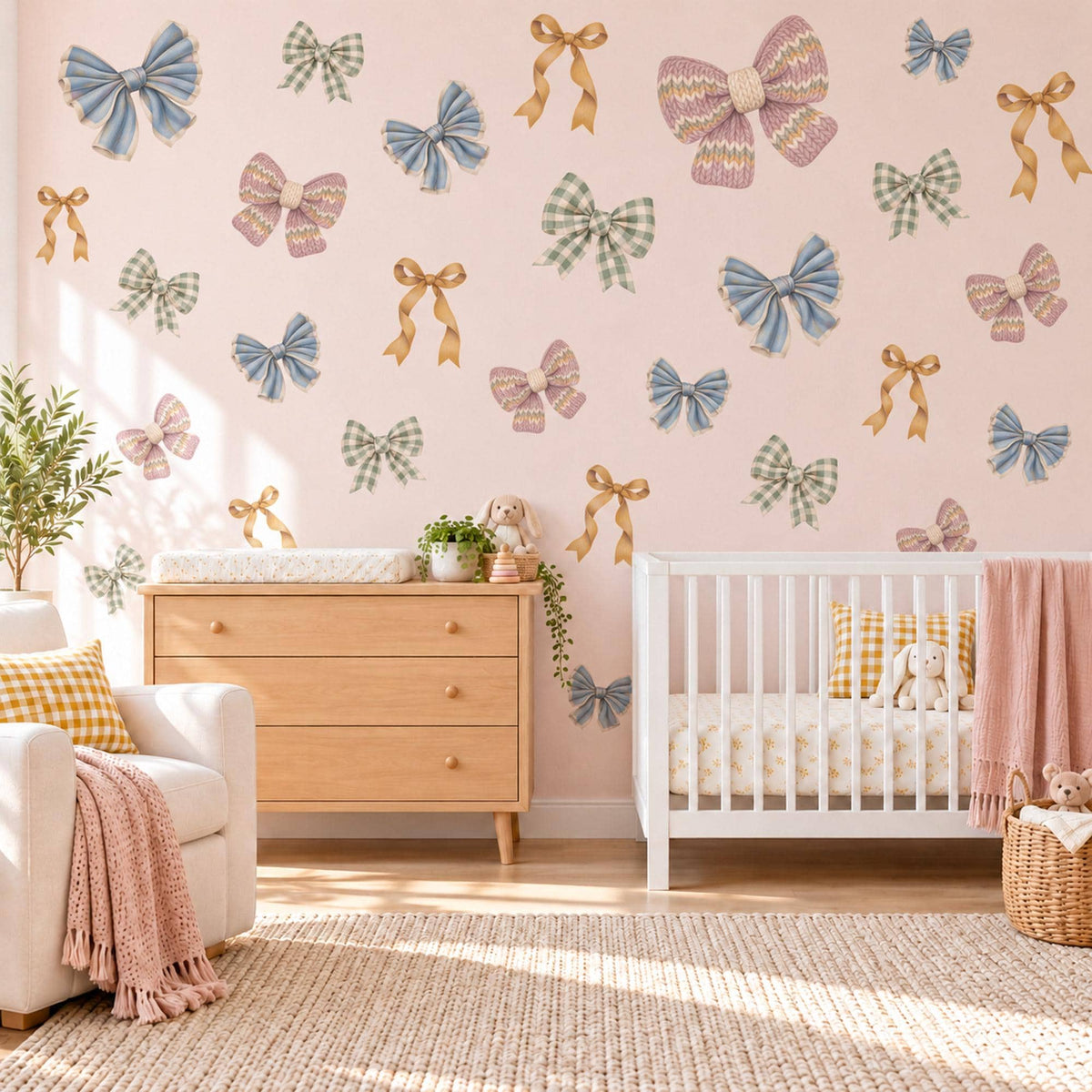 Bow Wall Stickers, Gingham Bow Nursery Decor, Coquette Ribbon Wall Decals, Girls Room Dusty Blue Sage Mauve Plaid Peel and Stick Wall Art