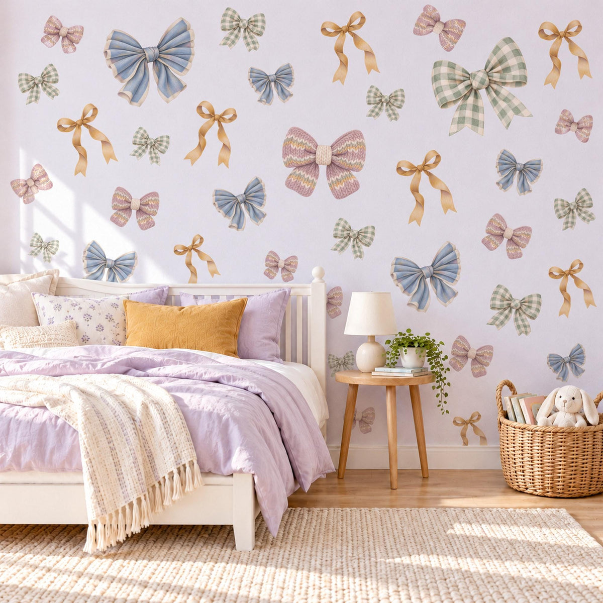 Bow Wall Stickers, Gingham Bow Nursery Decor, Coquette Ribbon Wall Decals, Girls Room Dusty Blue Sage Mauve Plaid Peel and Stick Wall Art
