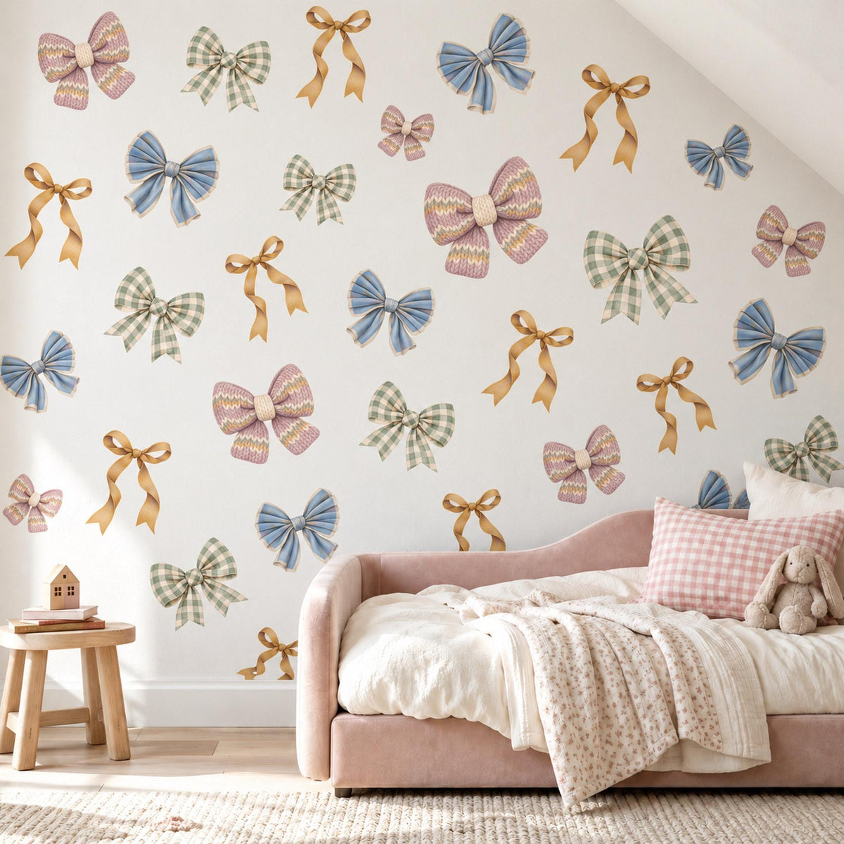 Bow Wall Stickers, Gingham Bow Nursery Decor, Coquette Ribbon Wall Decals, Girls Room Dusty Blue Sage Mauve Plaid Peel and Stick Wall Art