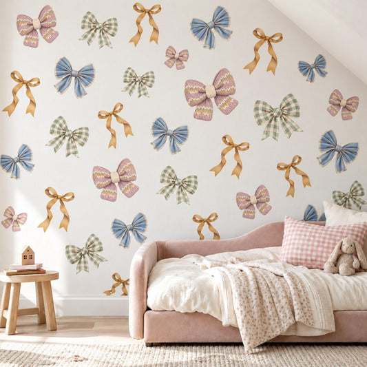 Bow Wall Stickers, Gingham Bow Nursery Decor, Coquette Ribbon Wall Decals, Girls Room Dusty Blue Sage Mauve Plaid Peel and Stick Wall Art