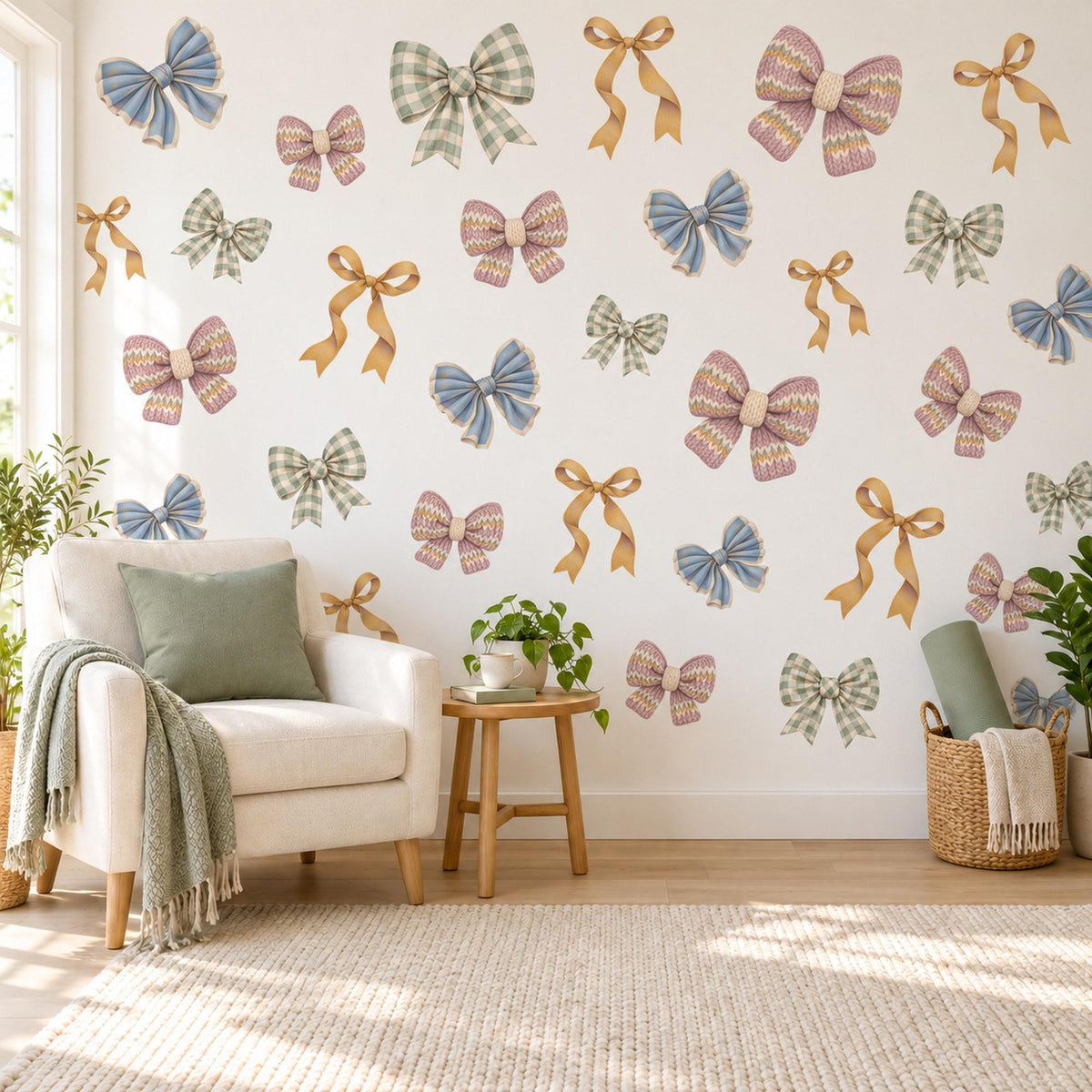 Bow Wall Stickers, Gingham Bow Nursery Decor, Coquette Ribbon Wall Decals, Girls Room Dusty Blue Sage Mauve Plaid Peel and Stick Wall Art
